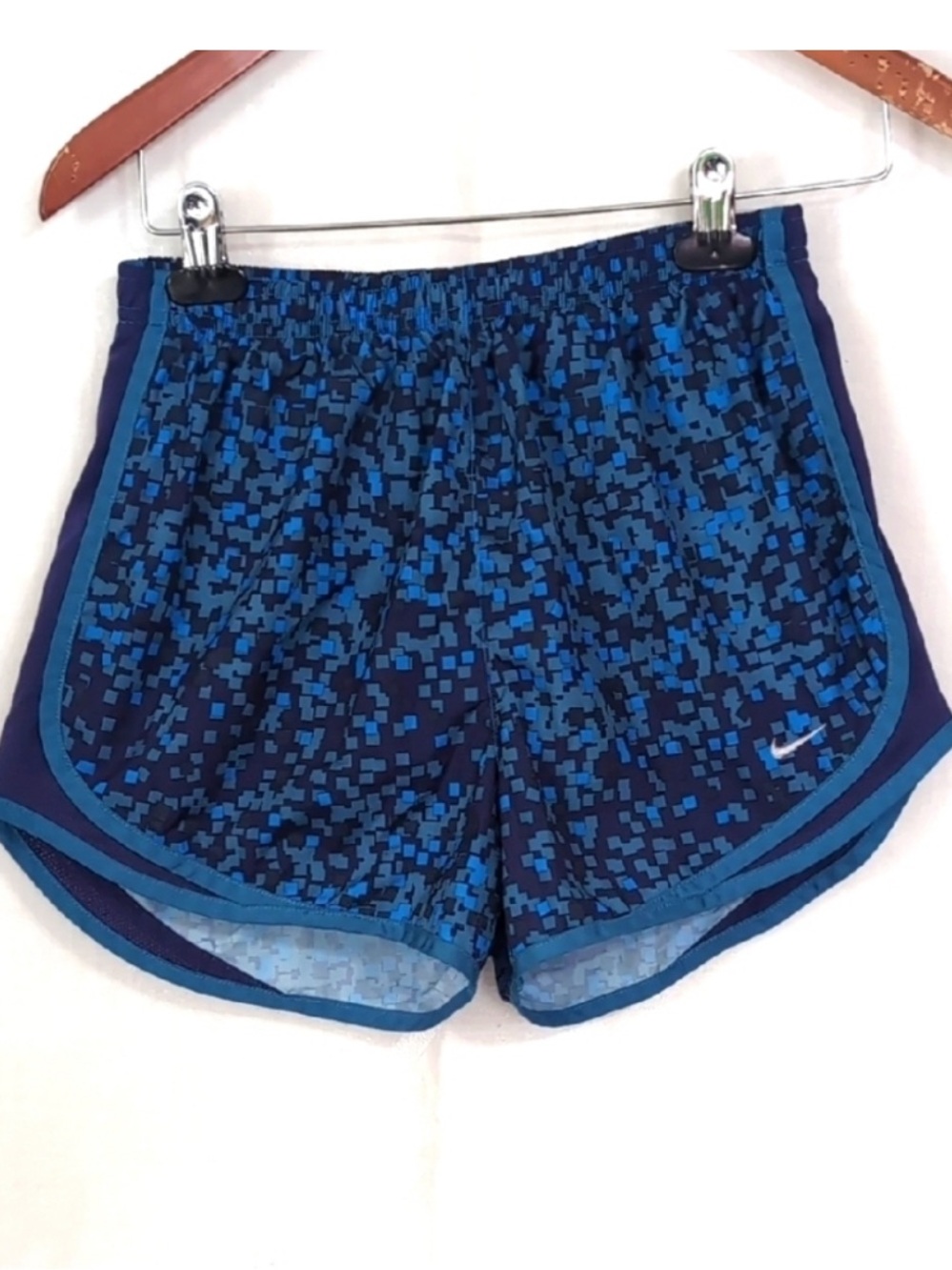 Nike Women's Navy and Bright Blue Pixel-Print Athletic Shorts